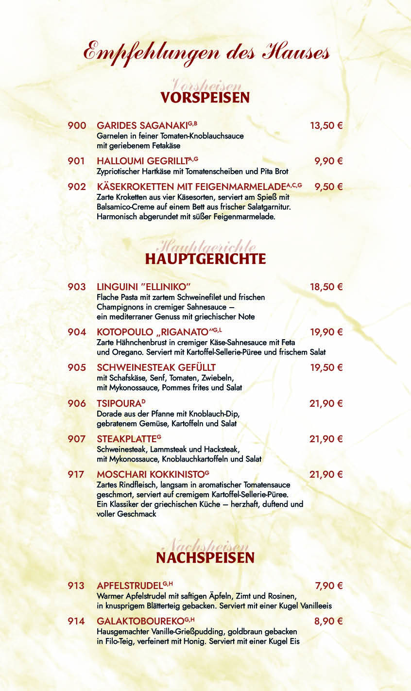 Restaurant Dionysos Speisekarte 